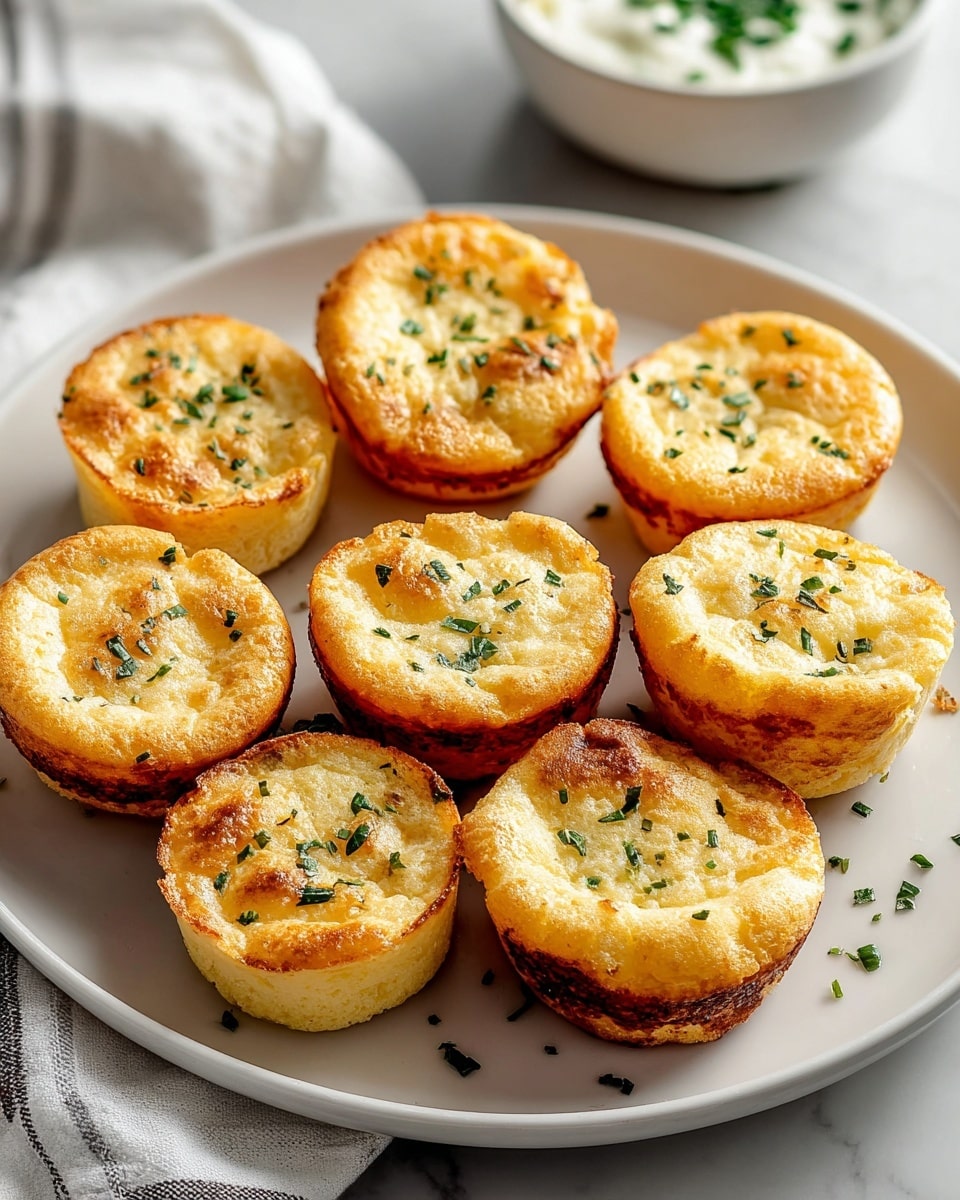 A white plate holds nine golden-brown mini cakes arranged in a loose circle, each cake is thick with a smooth top and a slightly crispy edge, sprinkled with small green herb pieces. The cakes show a soft, moist texture with subtle browning on the surface. The background features a white marbled texture with parts of a white cloth with gray stripes visible to the side, and a bowl with a creamy white substance topped with herbs is partially seen in the corner. Photo taken with an iphone --ar 4:5 --v 7