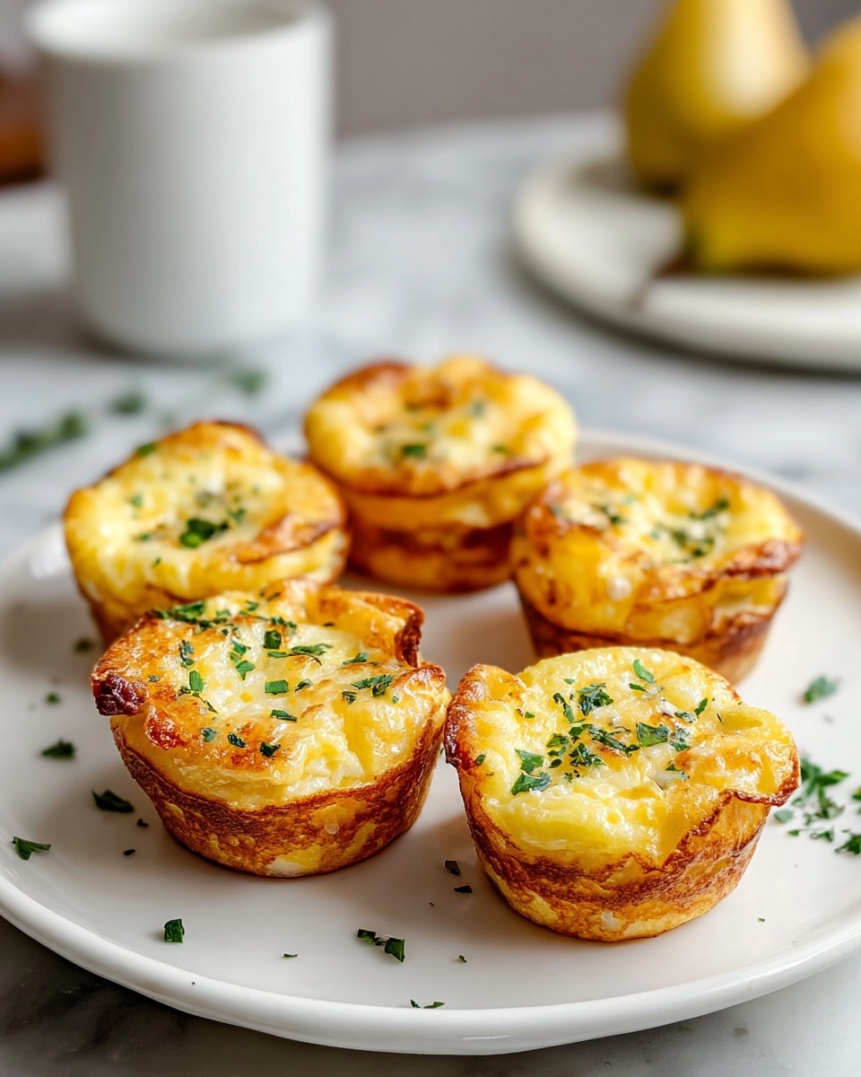 A white plate holds six small egg muffins arranged in two rows, each muffin showing a golden-brown top with melted cheese and bits of green herbs sprinkled on them. The muffins are thick, with a slightly crispy edge and a soft, creamy inside that is bright yellow. Some scattered green herbs decorate the plate lightly. In the background, there is a blurred white marbled texture surface, a white container, and a yellow pear on a white tray. photo taken with an iphone --ar 4:5 --v 7
