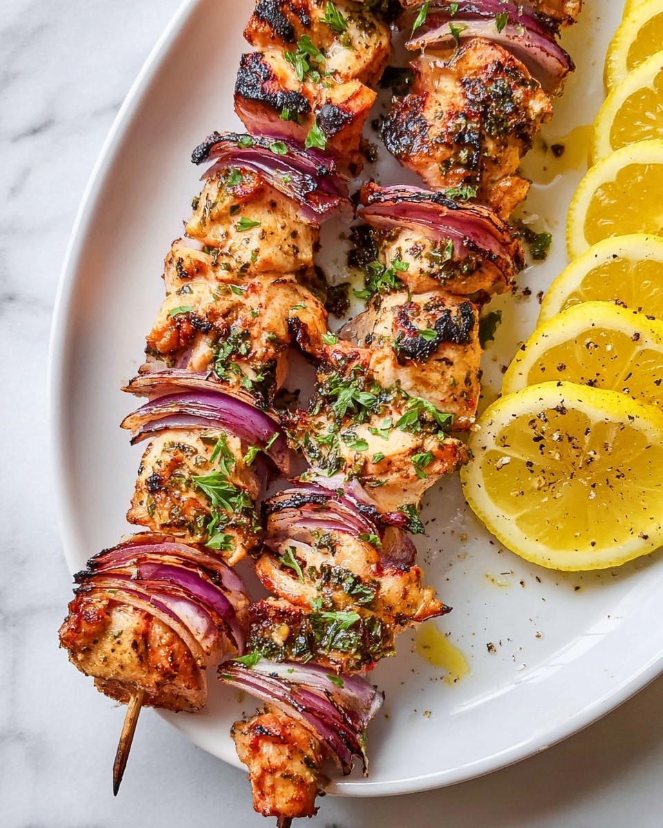 Two skewers of grilled chicken pieces with slight charring, alternating with layers of purple-red onion slices, rest on a white plate. The chicken is golden-brown with a slightly rough texture and is sprinkled with chopped green herbs. On the right side of the plate, three thin slices of bright yellow lemon with visible seeds and some black pepper bits add color contrast. The plate sits on a white marbled surface. photo taken with an iphone --ar 4:5 --v 7