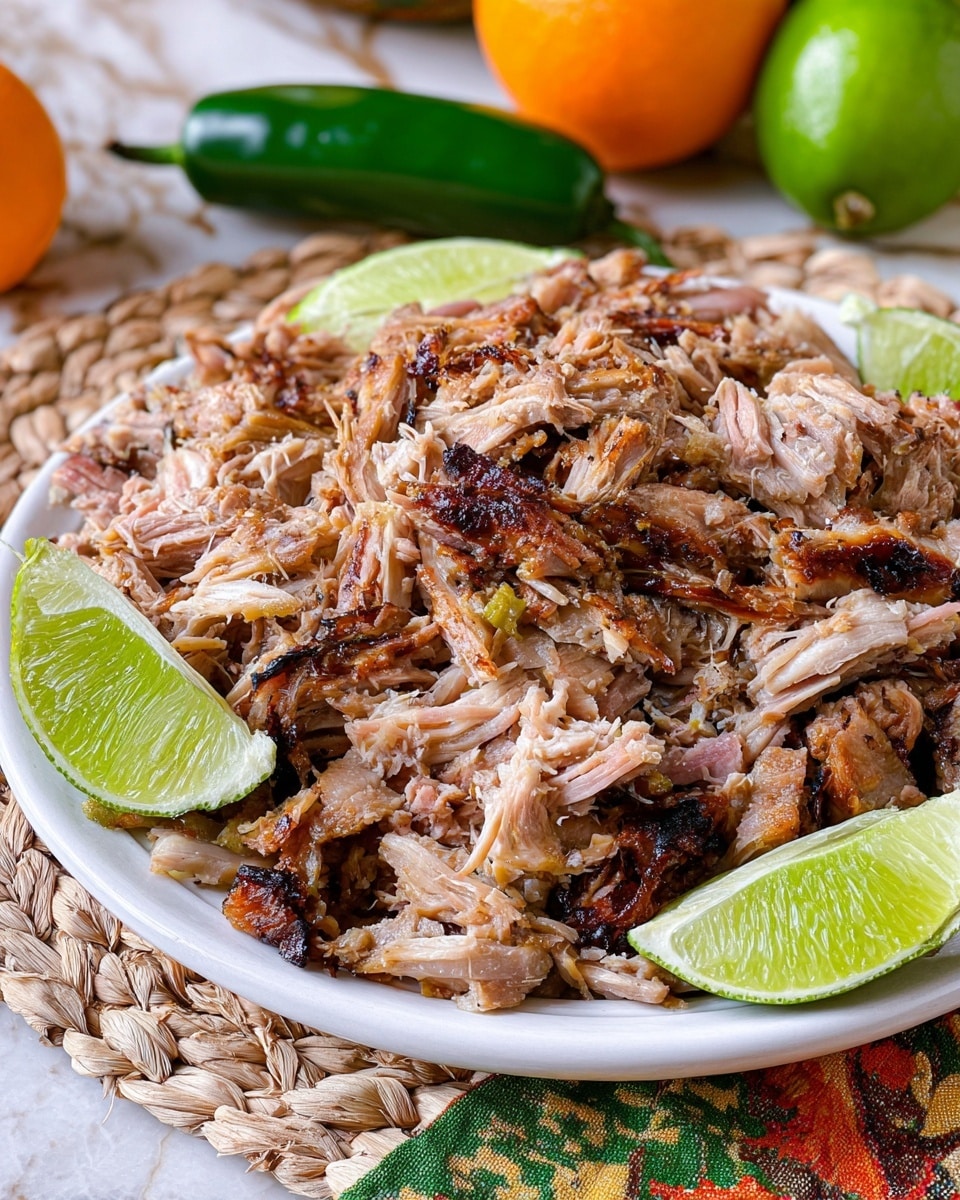 A white plate filled with shredded, cooked pork that has a mix of light pink and golden brown colors with some crispy, darker charred bits scattered throughout, giving the meat a textured look. On the plate around the pork, there are slices of bright green lime wedges adding a fresh pop of color. Behind the plate, a green jalapeño pepper, a green lime, and an orange sit on a woven placemat with a patterned cloth beneath the plate. The whole scene is set on a white marbled surface. photo taken with an iphone --ar 4:5 --v 7