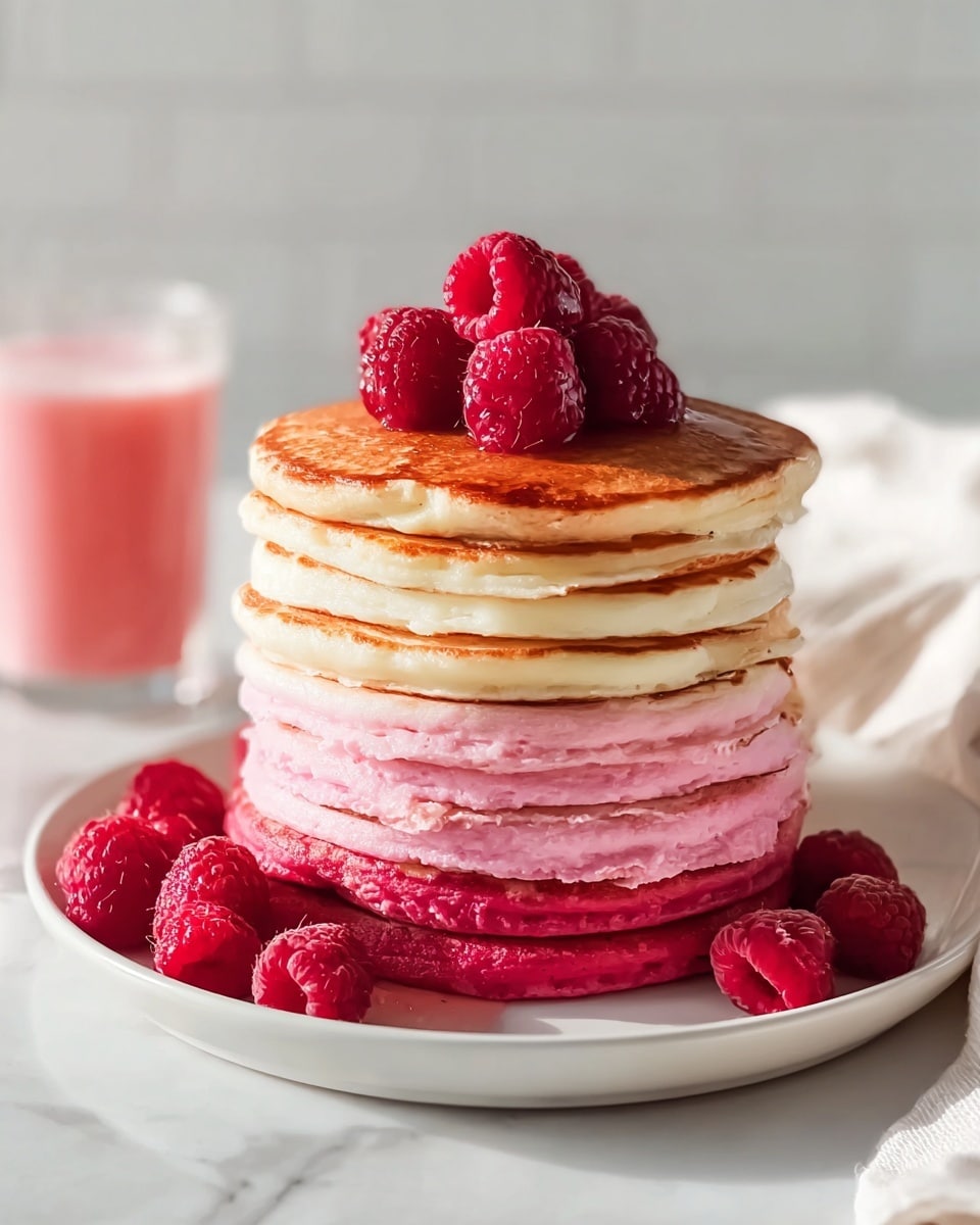 A stack of eight pancakes sits on a white plate on a white marbled surface, with the bottom five pancakes being pink with golden-brown edges, followed by two golden-brown pancakes with creamy white edges, and topped with a golden-brown pancake crowned with fresh red raspberries. Some raspberries are placed on the plate beside the stack. The background shows a glass with a pink drink and a white cloth, with soft natural light highlighting the texture of the pancakes and the vibrant color of the raspberries. Photo taken with an iphone --ar 4:5 --v 7