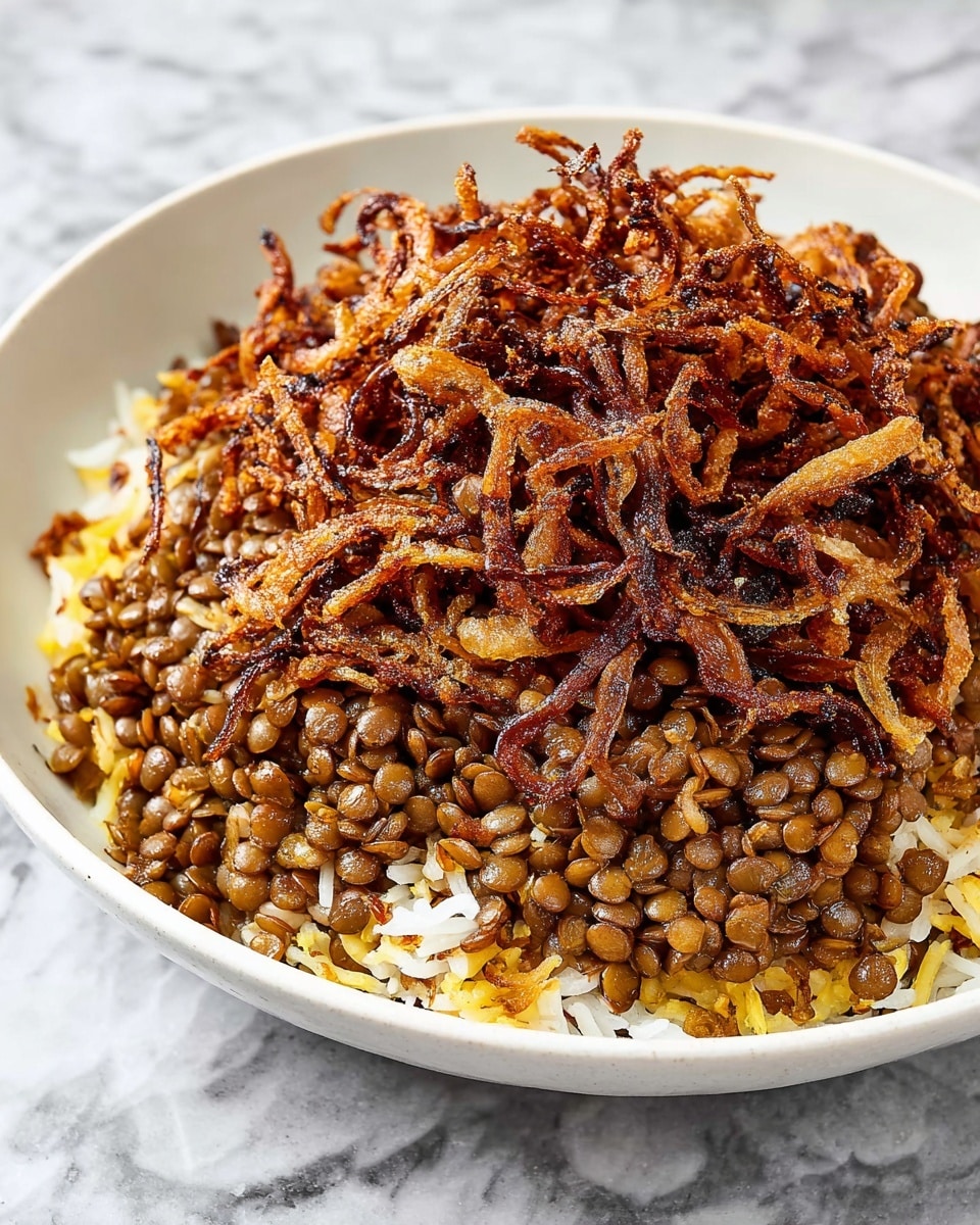 A white shallow bowl filled with a dish made of cooked small brown lentils mixed with yellowish-brown rice forming the bottom layer; on top, a generous heap of crispy, dark brown to golden fried thin onion strips with a crunchy texture covers the lentils and rice, creating a layered look with the lentils and rice peeking through underneath; the setting is on a white marbled surface. Photo taken with an iphone --ar 4:5 --v 7