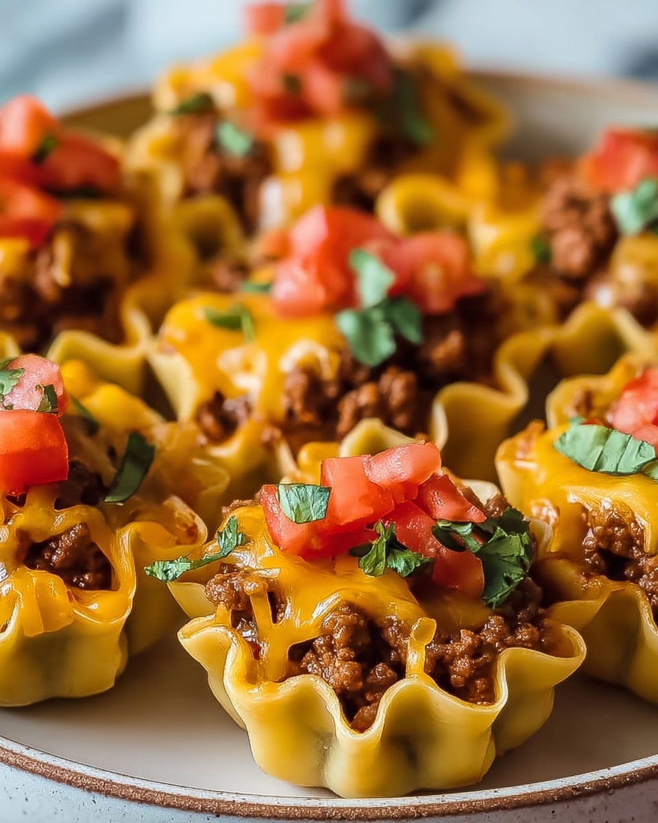 The image shows small pasta cups filled with cooked ground meat at the bottom layer, topped with melted cheddar cheese in bright yellow-orange color that softly drapes over the meat. On top of the cheese, there are small diced red tomato pieces and fresh green herb leaves scattered throughout. The pasta cups have a pale yellow color with a wavy, ruffled edge and are arranged closely together inside a round white dish. The background surface is a white marbled texture. Photo taken with an iphone --ar 4:5 --v 7