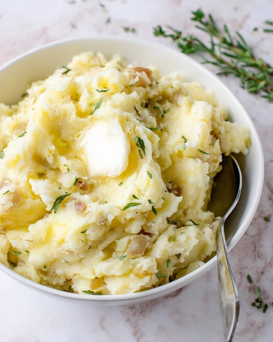 A close-up view of a white bowl filled with creamy mashed potatoes, showing one main layer of pale yellow potato mash mixed with small chunks of skin and herbs. The surface is uneven with a soft texture, topped with a small, melting dollop of white butter in the middle. Bits of green herbs are scattered on top and within the mash, adding slight contrast. A silver spoon is resting inside the bowl on the right side. The setting includes a few small green herb sprigs placed on a white marbled surface behind the bowl. Photo taken with an iphone --ar 4:5 --v 7