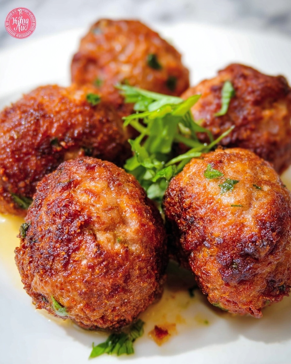 The image shows a close-up view of five golden brown, crispy fried meatballs with a slightly rough texture and small green herb bits inside. The meatballs are placed closely together on a white plate, with some slight oil sheen visible on their surface. In the middle of the arrangement, a small bunch of fresh green herbs rests on top of one meatball, adding a pop of color. The background is blurred with a white marbled texture, giving focus to the meatballs and their crunchy outer layer. Photo taken with an iphone --ar 4:5 --v 7