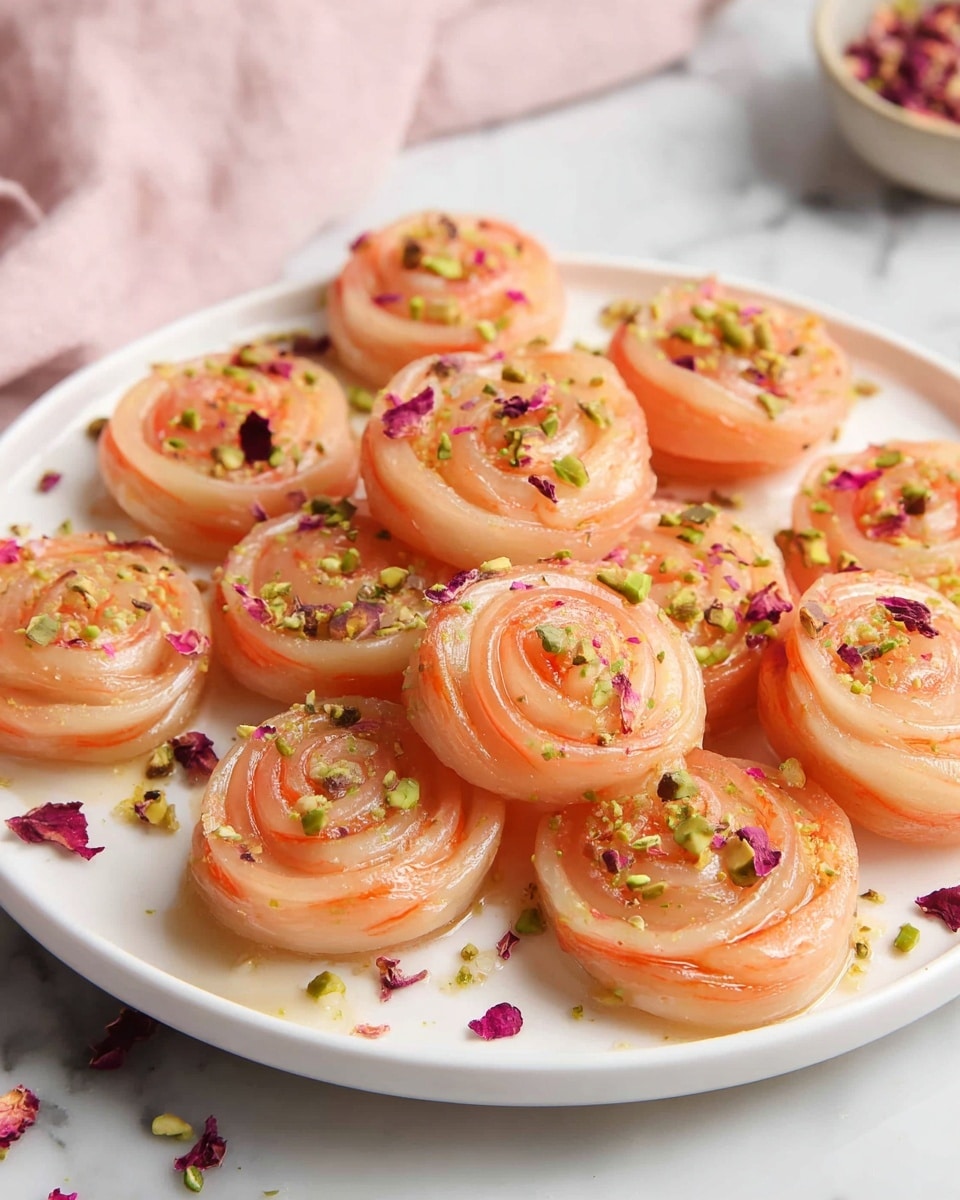 A white plate holds about a dozen round, spiral-shaped sweets arranged closely together. Each sweet has several layers forming a swirl pattern, with light orange and pale pink tones creating a glossy, smooth texture. Bright green chopped pistachios are sprinkled over the top of each sweet, adding contrast and small pops of color. Tiny dark pink rose petals are also scattered lightly on and around the sweets. The plate rests on a white marbled surface, with a soft pink cloth blurred in the background. photo taken with an iphone --ar 4:5 --v 7