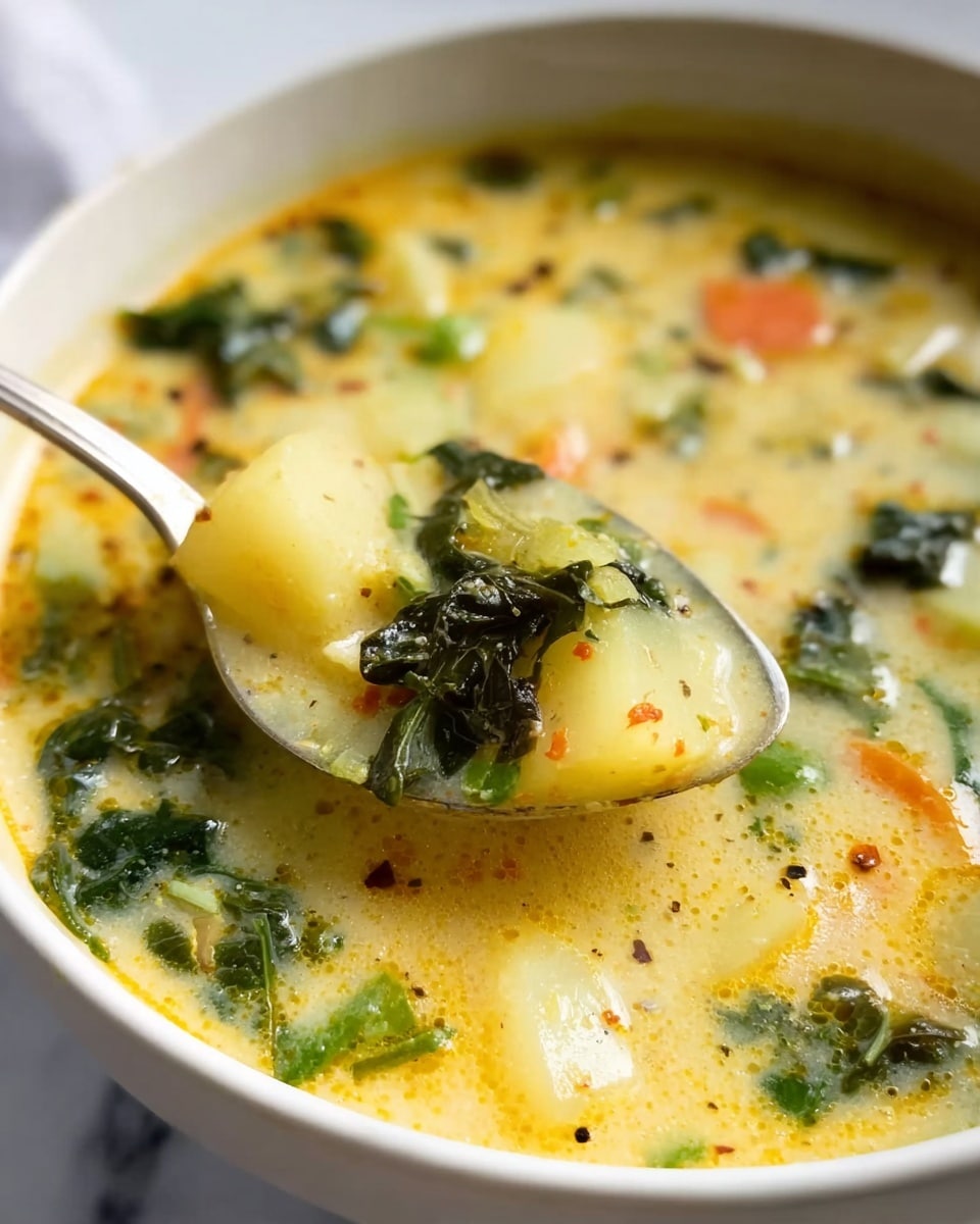 The image shows a close-up of a creamy soup in a white bowl resting on a white marbled surface. The soup has a yellowish broth with visible small flecks of black pepper and herbs. Floating in the soup are chunks of pale yellow potatoes, dark green leafy vegetables, and small pieces of orange carrots. A spoon dips into the soup, holding a mix of potato, leafy greens, and broth, all with a slightly glossy, moist texture. The overall look is warm, hearty, and comforting. photo taken with an iphone --ar 4:5 --v 7