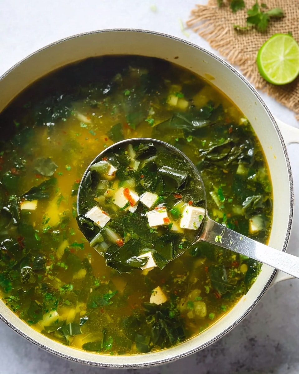 A white pot filled with clear broth soup containing chopped dark green leafy vegetables, small white cubes that look like tofu, and some tiny orange bits, all floating evenly in the yellow-greenish liquid. A metal ladle is lifting a scoop of soup showing a mix of these greens and white cubes close up. The pot sits on a white marbled surface with a small piece of burlap and a green lime wedge in the background. Photo taken with an iphone --ar 4:5 --v 7