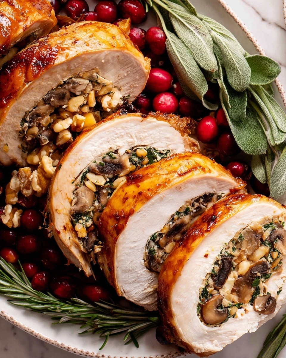 The image shows several thick slices of golden-brown roasted turkey breast stuffed with a filling of chopped mushrooms, pine nuts, and chopped greens, rolled in three visible layers: juicy white turkey breast outer layer, a dark mixed mushroom and greens middle layer with light pine nuts, and a dense meat core in the center. The turkey slices rest on a white plate with bright red fresh cranberries and sprigs of fresh herbs like rosemary and sage around as decoration, all set on a white marbled textured surface, photo taken with an iphone --ar 4:5 --v 7