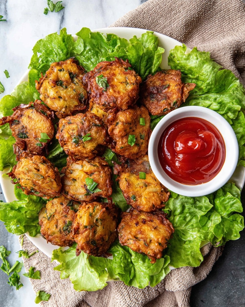 A white plate filled with multiple small, round, golden-brown fried fritters, each showing bits of green herbs and onions, arranged over a generous layer of fresh, bright green leafy lettuce. To the side inside the plate is a small white bowl of thick red ketchup sauce. The plate sits on a soft beige cloth, all placed on a background with a white marbled texture. The fritters have a crispy, slightly uneven surface with some darker spots from frying. Fresh chopped green herbs are lightly sprinkled on top for garnish. photo taken with an iphone --ar 4:5 --v 7