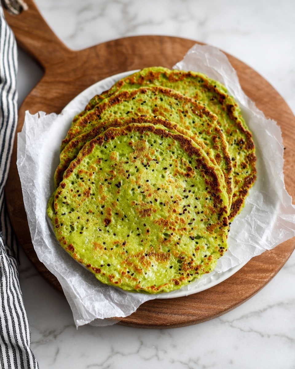 Three flat, round green pancakes with a slightly crispy and golden-brown edge layer are stacked on a piece of white parchment paper. The pancakes have a textured surface with visible small dark seeds and tiny browned spots scattered across the top, giving a crunchy appearance. The green color is bright, showing the fresh ingredients mixed inside. The stack rests on a white plate placed on a wooden board, all set on a white marbled textured surface. A black and white striped cloth is partially visible near the top left corner of the scene. photo taken with an iphone --ar 4:5 --v 7