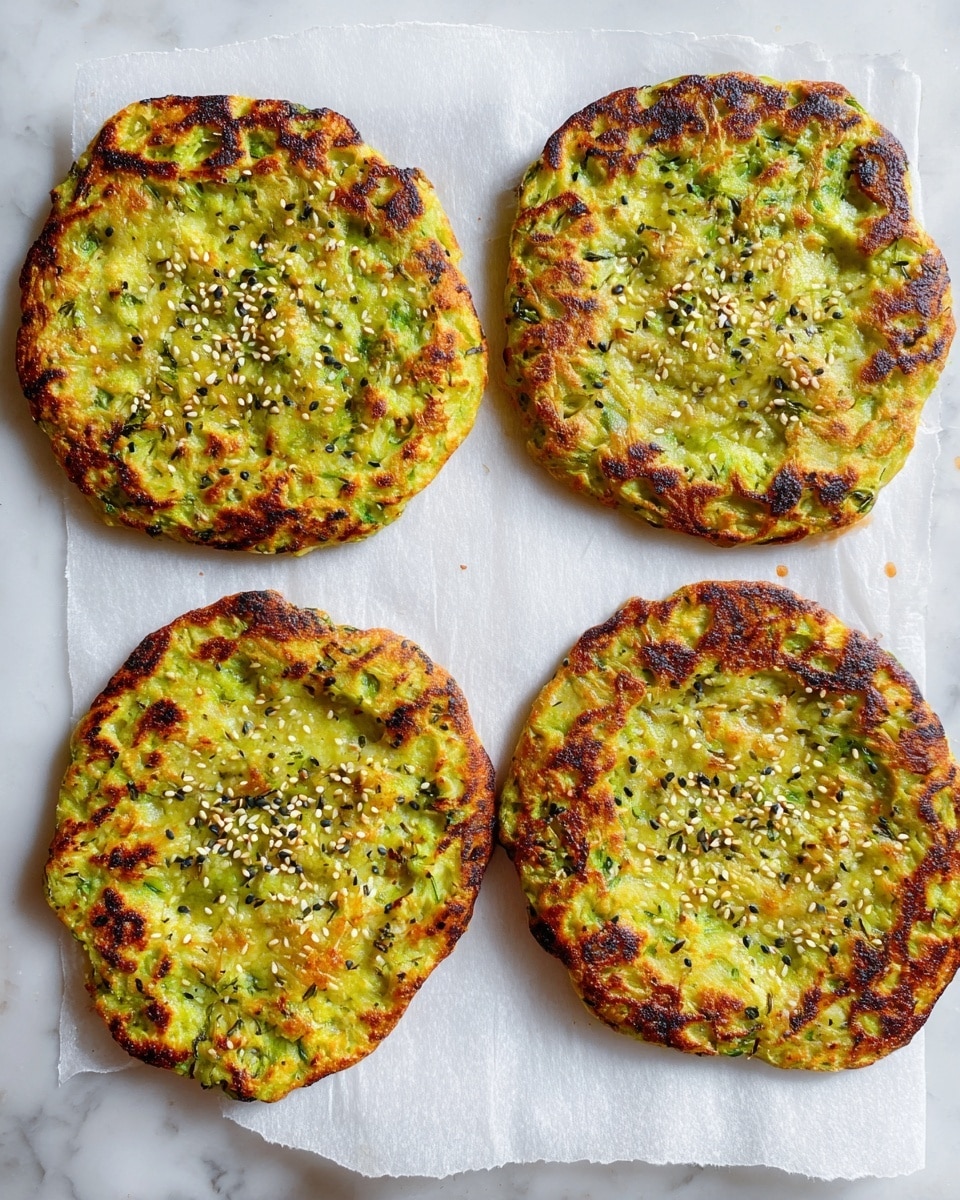 The image shows four green flatbreads baked on white parchment paper. Each flatbread is round but uneven, with slightly charred and crispy brown edges. The top layer has a golden brown melted texture with small black and white sesame seeds sprinkled in the center. The flatbreads have a chunky texture with pieces of green vegetables mixed into the dough, giving them a speckled look. They are arranged in a square shape on the white marbled surface. photo taken with an iphone --ar 4:5 --v 7