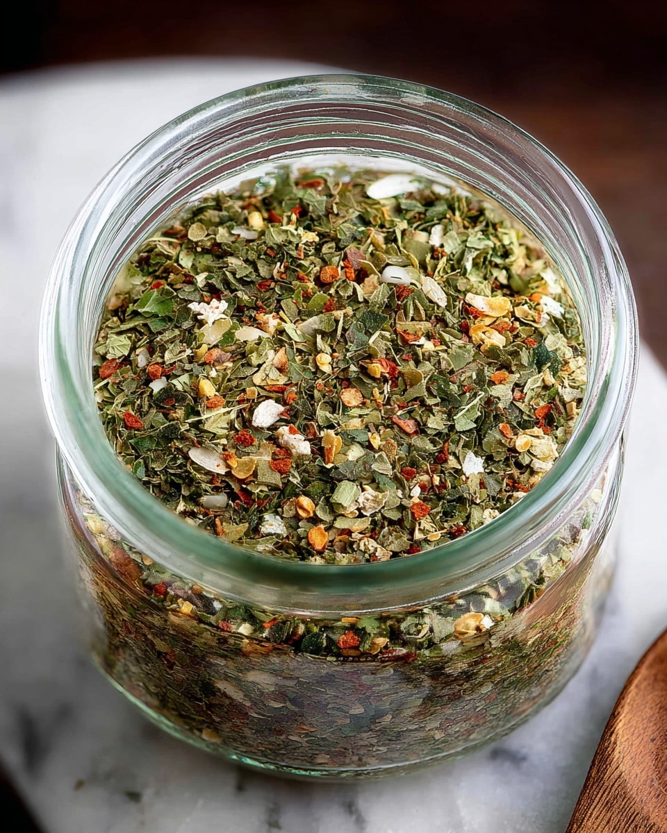 A clear glass jar filled with finely chopped dried herbs and spices, showing a mix of green leaves, small white pieces, hints of red flakes, and tiny orange specks evenly blended together, creating a textured and colorful appearance inside the jar that is placed on a white marbled surface with a small part of a wooden spoon visible to the right. Photo taken with an iphone --ar 4:5 --v 7