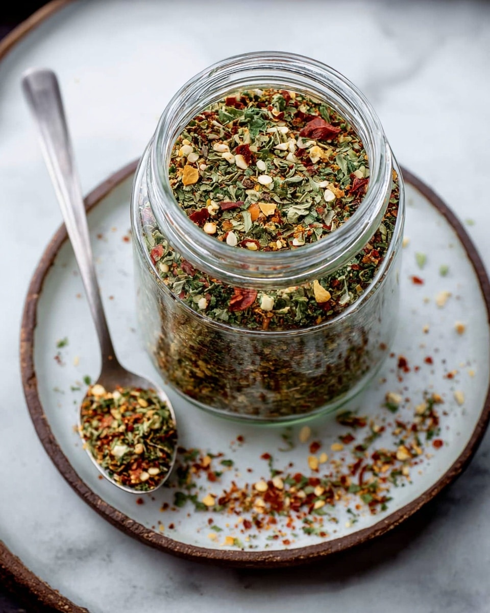 A clear glass jar filled with a colorful mix of dry herbs and spices, showing small flakes of green leafy herbs, red chili flakes, and tiny white and yellow pieces scattered evenly on top. The jar sits in the center of a white round plate with a slightly worn look, placed on a white marbled surface. A silver spoon with a small pile of the same spice mix rests on the plate beside the jar. photo taken with an iphone --ar 4:5 --v 7