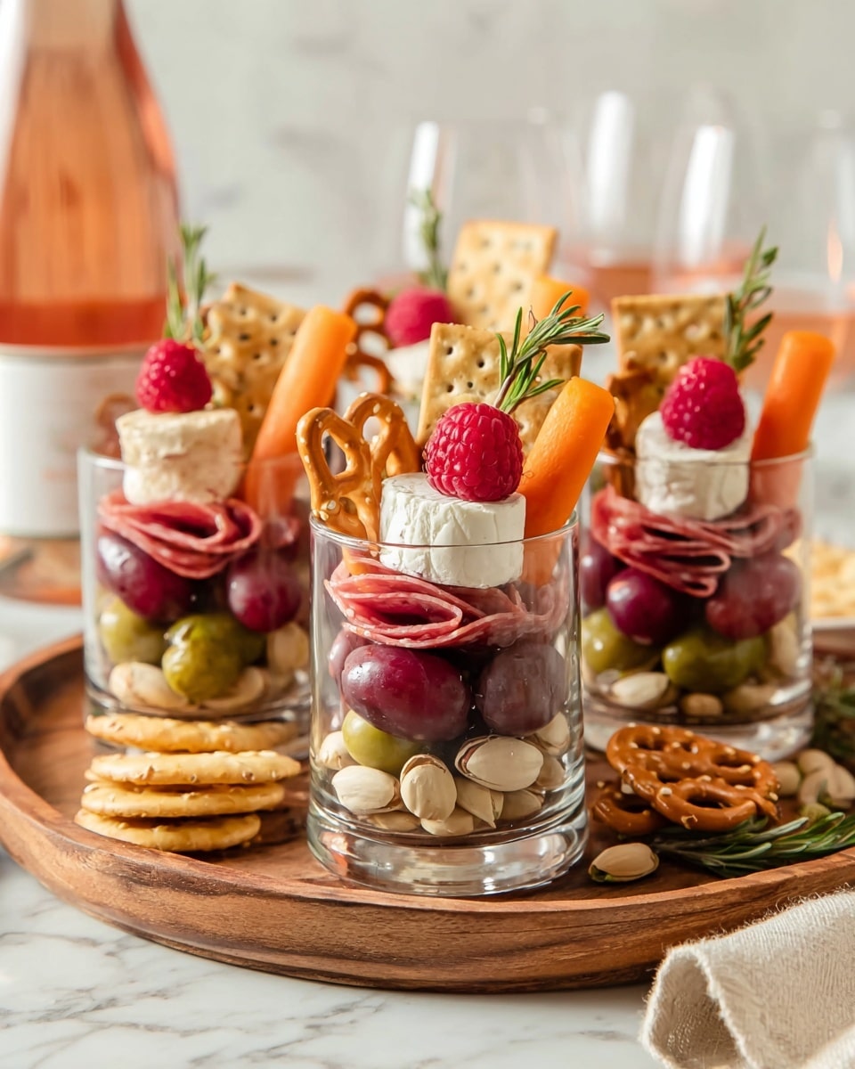 The image shows glass cups filled with five visible layers of snacks. The bottom layer consists of light beige pistachios, above them are dark red grapes mixed with bright red raspberries and green olives, followed by folded slices of pinkish-red salami and a small whole green pickle. On top of this, there are thin orange carrot sticks and white pretzels, and the cups are decorated with round white goat cheese, a raspberry on top, a cracker with holes standing up, and a green herb sprig. These cups are placed on a round wooden tray on a white marbled surface, with a bottle of rosé wine and two glasses in the blurred background. photo taken with an iphone --ar 4:5 --v 7