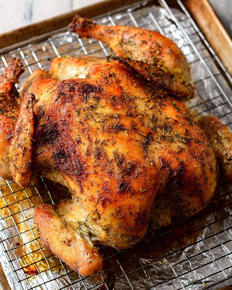 A close-up view of a roasted whole chicken, golden brown with crispy skin covered in herbs and spices, resting on a metal wire rack lined with silver foil on a white marbled textured surface. The chicken shows three main parts: the top section with wings folded in, the middle larger section with a curved shape and a crispy, seasoned surface, and the bottom part with part of a wing visible, all cooked evenly with a slight glossy finish from the juices. The texture looks crunchy and slightly rough due to herbs, with darker browned spots scattered over the skin. Photo taken with an iphone --ar 4:5 --v 7