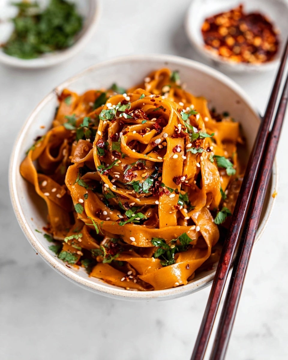 A white bowl filled with wide, flat orange-brown noodles coated in a shiny, rich sauce, loosely twisted and piled high in the center. The noodles are topped with green chopped herbs, white sesame seeds, and red chili flakes that add specks of color and texture. A pair of dark brown wooden chopsticks rests diagonally on the edge of the bowl, pointing outward. In the blurry background, a white bowl with red chili flakes and another with green herbs sit on a white marbled surface. Photo taken with an iphone --ar 4:5 --v 7