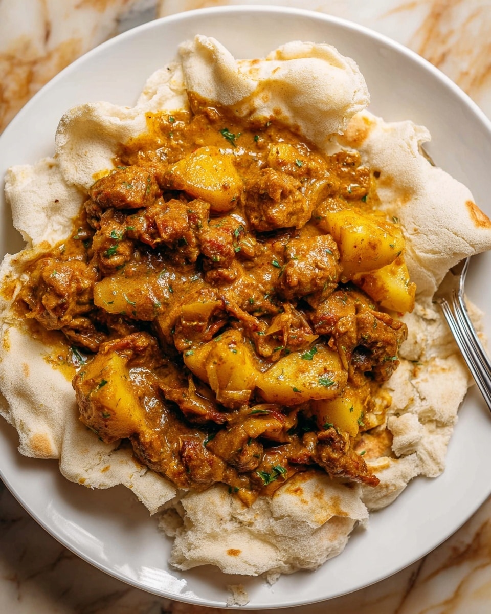 The dish shows a white plate filled with soft, torn flatbread forming the base layer with a light beige color and a slightly fluffy texture. On top, there is a thick layer of spicy curry made up of tender chunks of brownish-red meat mixed with yellow-orange potato pieces, all coated in a glossy, rich orange-brown sauce speckled with green herbs. The curry sits in the center of the flatbread, creating a contrast between the smooth sauce and the bread’s soft rough edges. A silver fork is placed at the plate’s edge on the right side, resting partly on the flatbread and white marbled surface beneath. The overall look is warm, hearty, and inviting. photo taken with an iphone --ar 4:5 --v 7