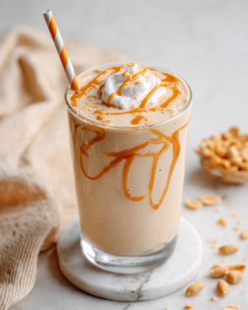 A clear glass filled with a creamy, light beige peanut butter smoothie topped with a dollop of whipped cream in the center. On top of the whipped cream, there is a drizzle of caramel-colored peanut butter sauce creating thin, swirling lines. A white and orange striped paper straw is placed inside the glass, leaning slightly to the left. The glass sits on a white coaster on a white marbled surface, with a soft, cream-colored cloth in the background and some scattered peanuts on the side. Photo taken with an iphone --ar 4:5 --v 7