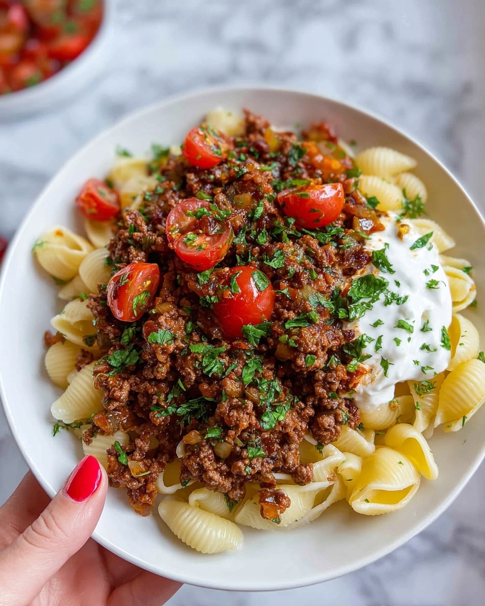 A white round plate holds a layered dish starting with a base of pale yellow shell pasta. On top of the pasta sits a thick layer of browned ground meat with visible small chunks of cooked onions, giving a slightly textured look. Bright red halved cherry tomatoes are scattered over the meat, adding bright color spots. A dollop of white creamy sauce is seen peeking from beneath the meat on one side. The entire dish is sprinkled with chopped green herbs, adding fresh green color contrasts. A woman's hand with red painted nails is holding the edge of the plate against a white marbled surface. photo taken with an iphone --ar 4:5 --v 7