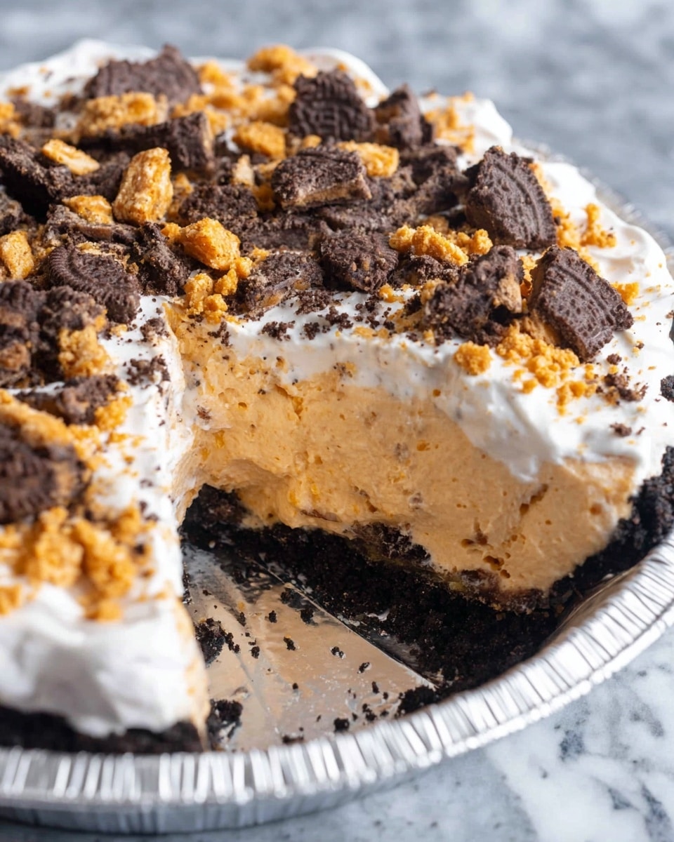 A close-up of a pie in a silver foil pie pan showing three visible layers: the bottom is a dark brown crumbly crust, the middle layer is a thick light orange creamy filling, and the top layer is white whipped topping scattered with chunks of dark brown cookie pieces and golden crunchy candy bits; a slice is missing revealing the inside, all placed on a white marbled textured surface. photo taken with an iphone --ar 4:5 --v 7
