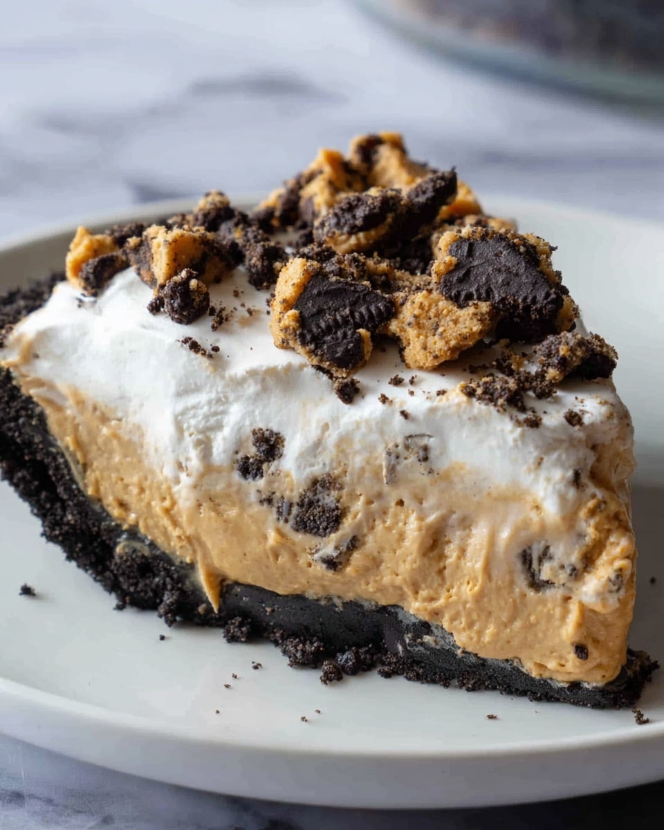 A slice of pie with three clear layers sits on a white plate over a white marbled surface. The bottom layer is a dark, crumbly cookie crust, almost black in color. The middle layer is thick and creamy with a light brown, smooth texture, resembling a peanut butter filling. On top, there is a generous layer of fluffy white cream that looks soft and airy. The top of the cream is decorated with chunks of crushed cookies in black and light brown, giving a rough texture and a mix of colors. photo taken with an iphone --ar 4:5 --v 7