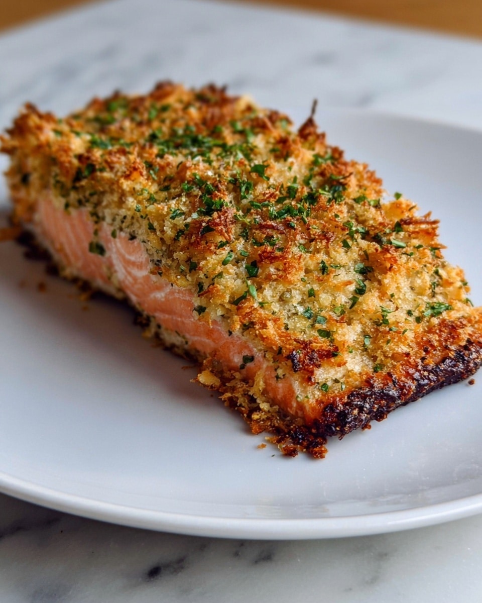 A single piece of salmon fillet sits on a white plate on a white marbled surface, topped with a thick golden-brown crispy crust made of shredded baked coating mixed with green herbs sprinkled throughout. The crust is textured and crunchy, while the salmon beneath is pink, soft, and tender. The edges of the crust are darker and slightly charred, adding a rustic feel. Photo taken with an iphone --ar 4:5 --v 7