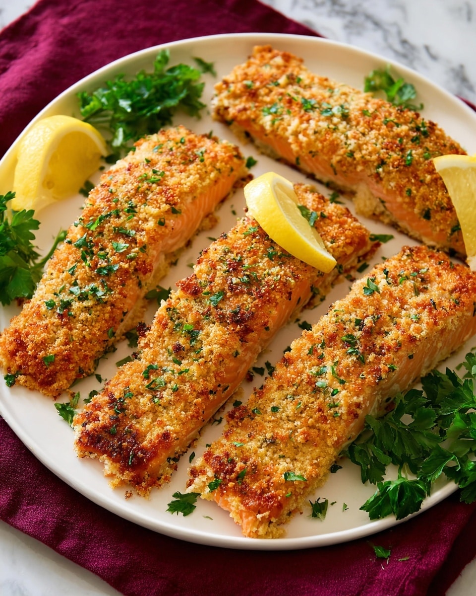 Four golden brown breaded salmon fillets lay on a white plate, each fillet topped with a small lemon wedge and a sprig of green parsley. The crispy crust of the salmon is speckled with finely chopped green herbs, giving a textured look to the surface. To the side of the plate, fresh leafy parsley adds a deep green contrast. The plate is set on a burgundy cloth, with a white marbled surface underneath. photo taken with an iphone --ar 4:5 --v 7