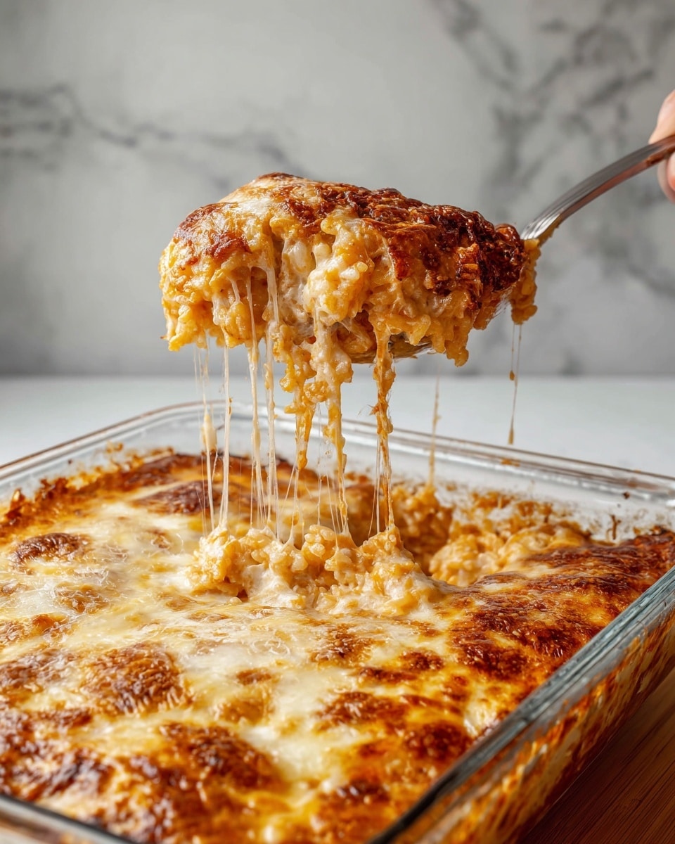 A large scoop of baked cheesy rice is being lifted from a clear glass baking dish, showing gooey melted cheese stretching in long thin strings from the scooped portion to the dish below. The dish's surface is golden brown and bubbly, with a top layer of well melted, browned cheese that looks crispy in places. Beneath the cheese layer, the rice is coated in a moist, orange-tinged sauce, visible in clumps along the scoop. The background has a clean white marbled texture, and a woman’s hand is holding the spoon that lifts the scoop. Photo taken with an iphone --ar 4:5 --v 7