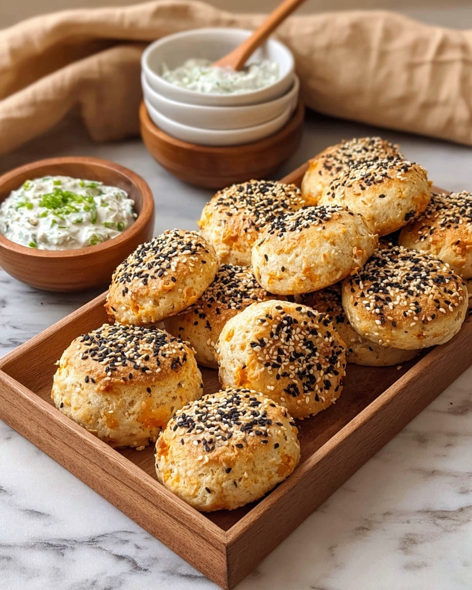 A wooden tray holds about ten golden-brown round biscuits, each topped with black and white sesame seeds, giving them a textured, speckled look. The biscuits are slightly raised and have a crunchy outside with some orange spots from baking. Behind the tray, there are three stacked white bowls with a wooden spoon in the top bowl, and a wooden bowl filled with a creamy, white dip mixed with small green herbs. The setting is on a white marbled texture surface with a soft beige cloth off to the side. photo taken with an iphone --ar 4:5 --v 7