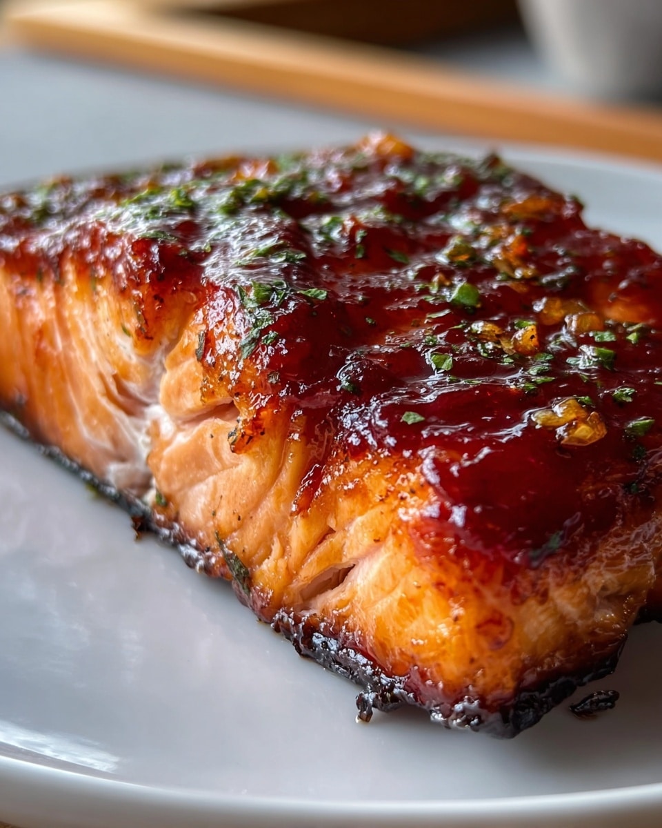 A close-up view of a thick, cooked salmon piece resting on a white plate, set on a white marbled texture surface. The salmon has two visible layers: the bottom layer is a tender light orange with flaky texture, while the top layer is a rich, glossy dark reddish-brown glaze with small green herb bits sprinkled on top. The glaze looks sticky and shiny, covering the fish fully and giving a caramelized effect. The salmon edges show slight charring and crispiness. Photo taken with an iphone --ar 4:5 --v 7