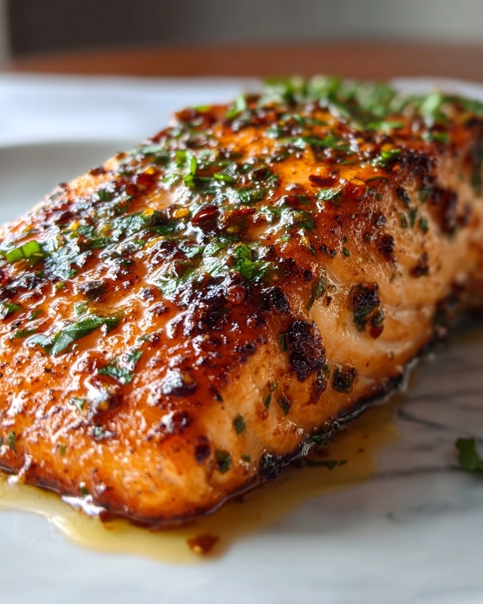 A close-up of a cooked salmon fillet on a white plate, showing one thick layer with a browned and slightly crispy top covered in bits of green herbs. The salmon's color is a rich orange with dark brown char marks and glistening oil around it, giving it a juicy, well-seasoned look. The background is a soft white marbled texture. Photo taken with an iphone --ar 4:5 --v 7