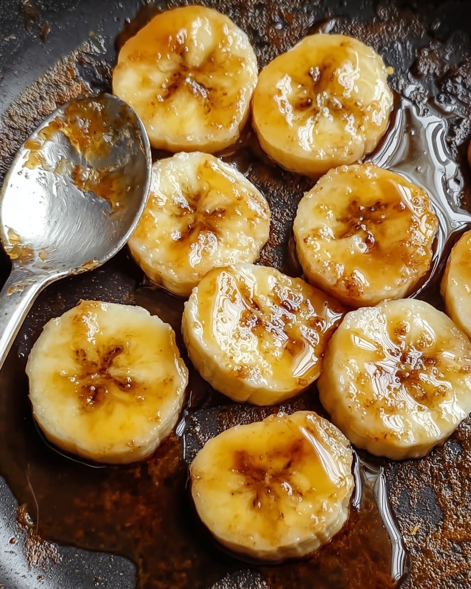 The image shows several slices of banana arranged close together on a dark cooking surface. Each banana slice is thick and appears shiny due to a coating of caramel-like syrup that pools slightly around them. The surface beneath is slick and browned, showing some texture from cooking. A metal spoon is partially visible on the left side, resting near the banana slices as if ready to scoop some syrup. The banana slices are a light yellow-beige color with darker spots in the center, and the syrup adds a golden-brown glossy finish. The background has a white marbled texture. photo taken with an iphone --ar 4:5 --v 7