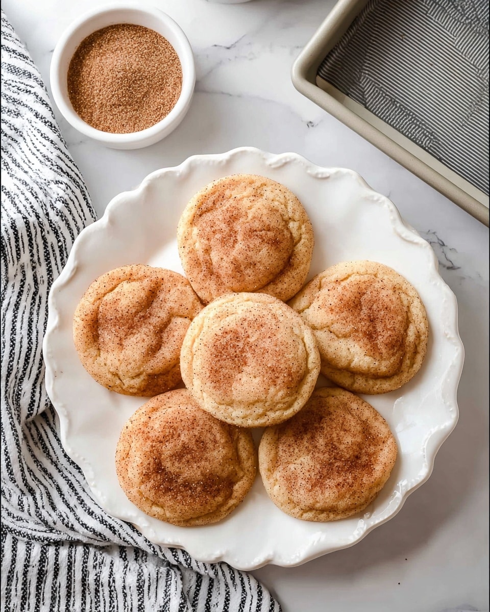 A white scalloped plate holds seven round snickerdoodle cookies arranged in a circular pattern with one cookie in the center. Each cookie is light brown with a slightly crinkled texture on top, coated evenly with a mix of cinnamon and sugar that gives a speckled, sugary surface. To the top left of the plate is a small white bowl filled with extra cinnamon sugar. The scene rests on a white marbled surface with a black and white striped cloth partially visible on the left side and a textured gray baking tray in the top right corner. photo taken with an iphone --ar 4:5 --v 7