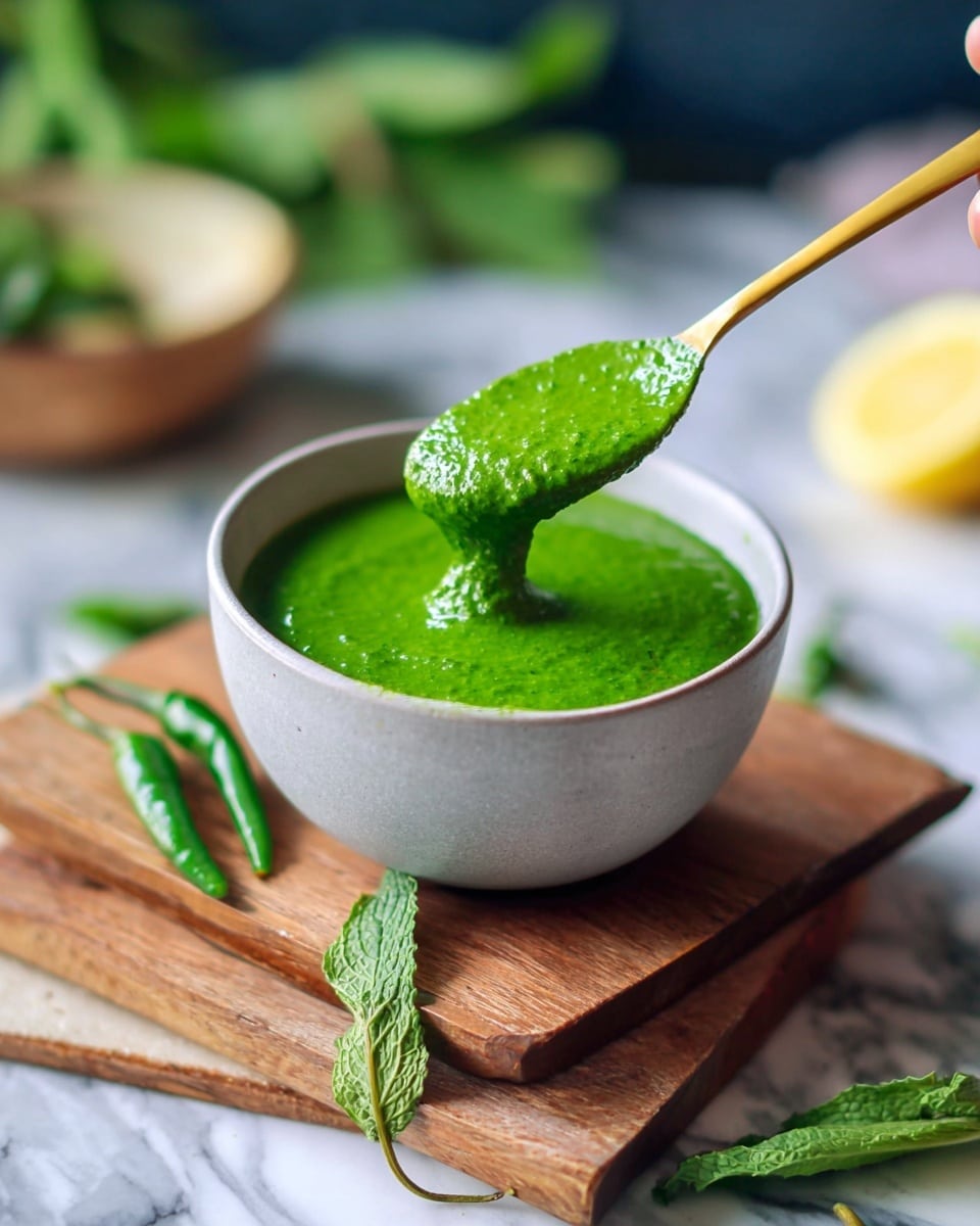 A light gray bowl filled with smooth, bright green sauce sits on top of two stacked wooden boards. A gold spoon, held by a woman's hand, lifts a portion of the thick sauce above the bowl, showing its texture clearly. Around the bowl, fresh green mint leaves and small green chilies are scattered on a white marbled surface. In the blurry background, a lemon wedge rests on the white marbled surface, adding a touch of yellow contrast. The overall look is fresh and vibrant. photo taken with an iphone --ar 4:5 --v 7