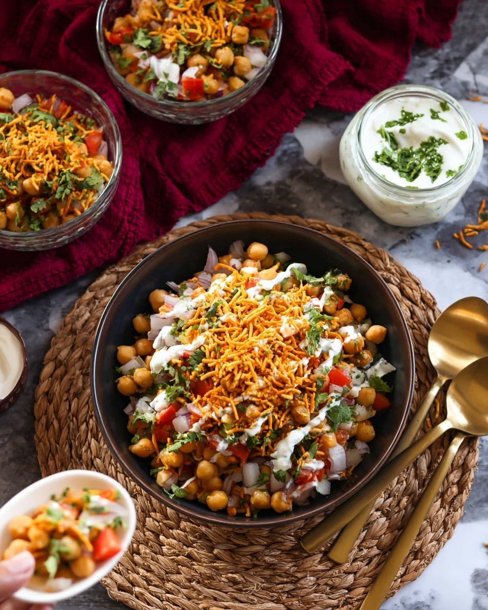 A dark bowl filled with a colorful chaat dish sits on a woven mat over a white marbled surface. The dish has three main layers: a base of chopped white onions and tomato pieces, a middle layer of round chickpeas, and a top layer sprinkled with crunchy orange sev and fresh green herbs. There are small drizzles of white yogurt and green chutney spread across the layers for a mixed texture and color. Behind the main bowl, two glass bowls hold similar chaat with the same layers, and a small jar of white yogurt topped with green herbs is to the right. Two gold spoons lie in front of the bowl, and a woman’s hand holding a white spoon scoops some chopped onions and tomato from the side. The background is a white marbled texture with a deep red cloth adding contrast. photo taken with an iphone --ar 4:5 --v 7