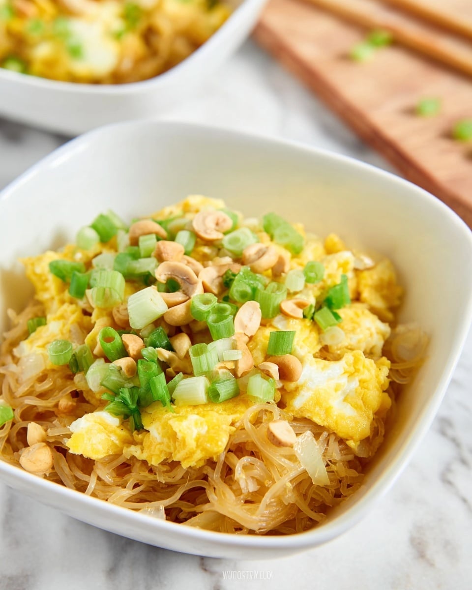 A white square bowl filled with a dish showing three main layers: at the bottom, light brown cooked noodles mixed with pale translucent cooked onions; in the middle, fluffy scrambled yellow eggs; on top, bright green chopped scallions and light tan broken cashew pieces scattered over the dish. The bowl sits on a white marbled surface, with another similar bowl blurred in the background. photo taken with an iphone --ar 4:5 --v 7