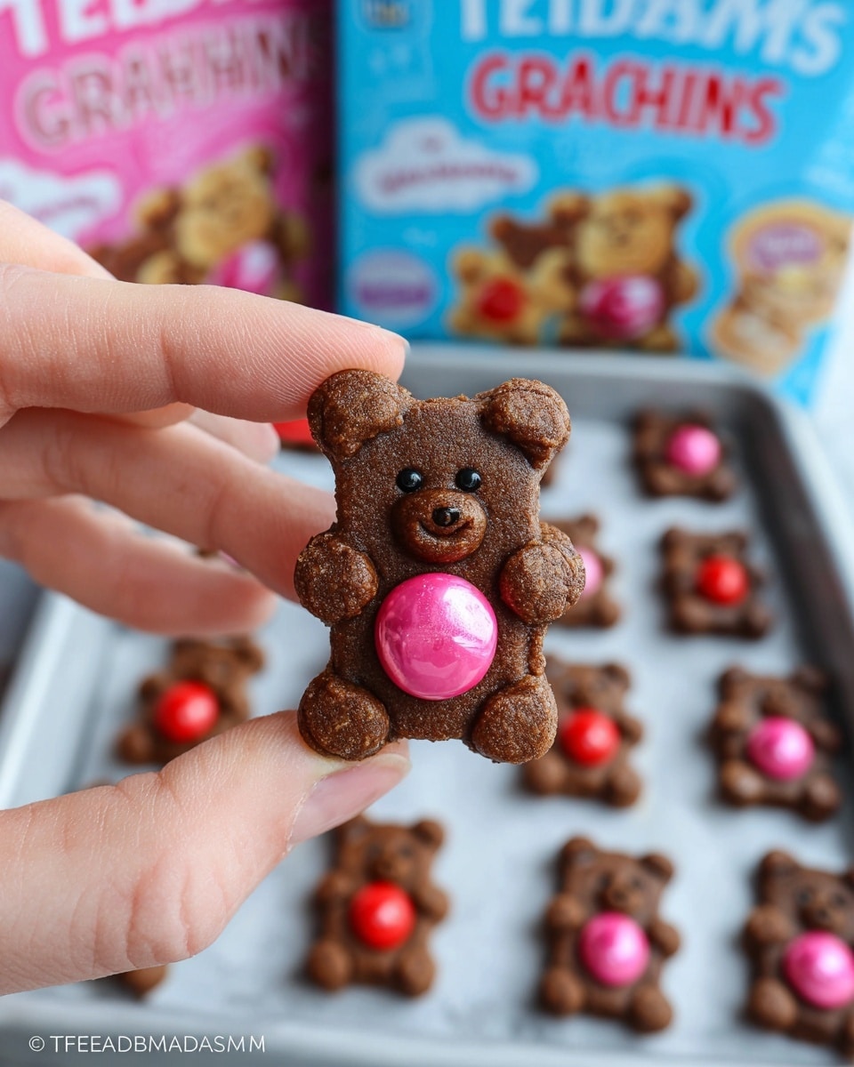 A close-up shot of a woman's hand holding a small, dark brown teddy bear-shaped graham cracker with a shiny pink candy piece placed on its belly. In the background, a white marbled baking tray shows multiple similar teddy bear crackers topped with pink and red candy pieces in a neat grid. Behind the tray, blurred boxes of Teddy Grahams with light blue packaging and a teddy bear image are visible. The overall scene is bright and clear, focusing on the detailed texture of the teddy bear cracker and candy. photo taken with an iphone --ar 4:5 --v 7