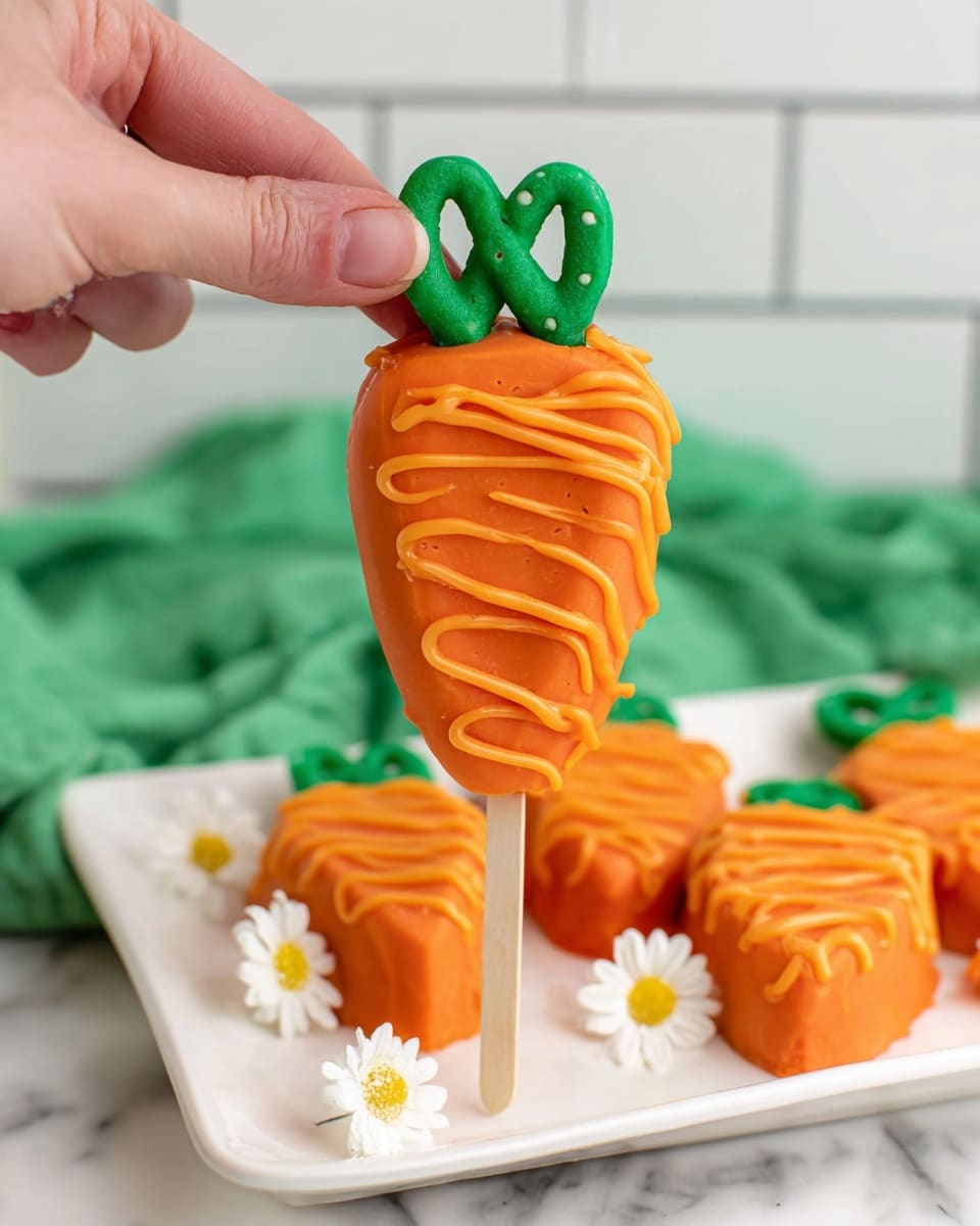 A carrot-shaped treat is held up by a woman's hand using a wooden stick. The treat has one main vibrant orange layer with a smooth texture, covered with a zigzag orange drizzle on top, creating a decorative pattern. At the top of the carrot, a green pretzel, also coated smoothly in green, resembles the carrot greens. Several similar carrot-shaped treats rest on a white rectangular plate beneath, with small white flowers with yellow centers placed around them for decoration. The background is softly blurred with a white tiled wall and a green cloth, all set on a white marbled surface. Photo taken with an iphone --ar 4:5 --v 7