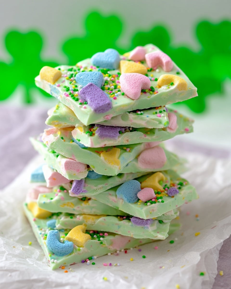 A tall stack of pale green bark pieces with a smooth, slightly swirled texture forms the main structure. Each layer is irregularly shaped and features colorful small marshmallow shapes such as pink hearts, purple horseshoes, blue clouds, yellow squares, and some tiny bright green round sprinkles scattered on top and embedded slightly into the surface. The bark pieces are stacked unevenly on a white plate, set against a white marbled texture background with blurred green shamrock shapes in the distance. photo taken with an iphone --ar 4:5 --v 7