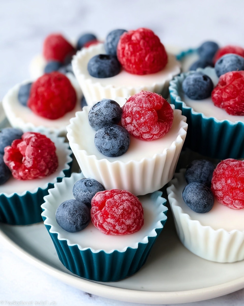 The image shows multiple small frozen yogurt bites in white and dark teal silicone cups stacked closely on a white plate with a white marbled texture background. Each bite has two layers: a smooth, creamy white yogurt base fills the cups and is topped with one bright red raspberry and one dark blue blueberry, both frozen with a frosted texture. The berries sit slightly sunken into the yogurt, showing their detailed, bumpy surface clearly. The cups have a fluted edge and the arrangement creates a colorful, textured contrast of red, blue, white, and teal. photo taken with an iphone --ar 4:5 --v 7