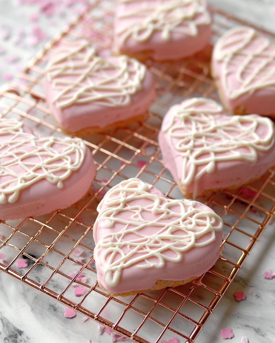 The image shows several small square cakes on a rose gold wire cooling rack over a white marbled surface. Each cake has three visible layers: a light yellow cake base, a white creamy filling in the middle, and a thick light pink frosting on the outside. The pink frosting is smooth and covers the entire cake, with white icing drizzled in a swirly pattern on top. One cake in the center has a bite taken out, revealing the soft and moist cake inside along with the fluffy white filling. Photo taken with an iphone --ar 4:5 --v 7