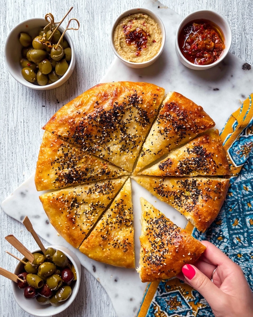 A golden-brown round flatbread with a thick, crispy crust is cut into eight triangular slices; the surface of the flatbread is sprinkled evenly with black and white sesame seeds. The flatbread rests on a white marbled texture. A woman's hand with red nail polish is holding one of the slices, lifting it slightly above the flatbread. Surrounding the flatbread are four small white bowls: one filled with dark green olives skewered with wooden picks, one with a chunky red tomato and vegetable sauce, another with a light brown dip topped with red seeds, and the last containing a dark oil with black spices. A cloth with blue patterns and yellow edge partly lays under the flatbread. photo taken with an iphone --ar 4:5 --v 7