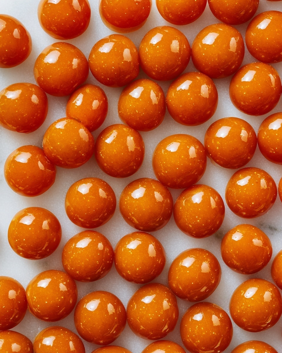 The image shows many small, round, shiny orange-brown sweets closely packed together on a large flat white marbled surface. Each sweet has a smooth, glossy texture with a slightly pointed tip at the top. They appear soft and syrupy, reflecting light on their glistening surface. The sweets are arranged randomly but tightly, covering most of the visible area. Photo taken with an iphone --ar 4:5 --v 7