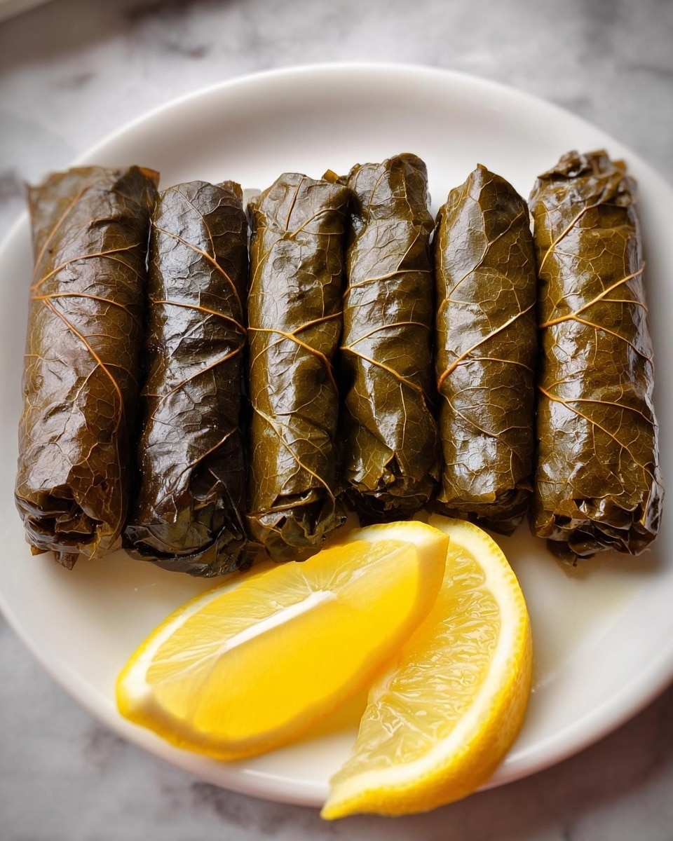 A white plate holds a neat row of seven tightly wrapped grape leaves stuffed with filling, each having a shiny, dark green-brown textured surface showing the veins of the leaf. In front of the stuffed grape leaves are two lemon wedges with a bright yellow rind and pale juicy inside, placed side by side. The whole scene is set on a white marbled background. Photo taken with an iphone --ar 4:5 --v 7