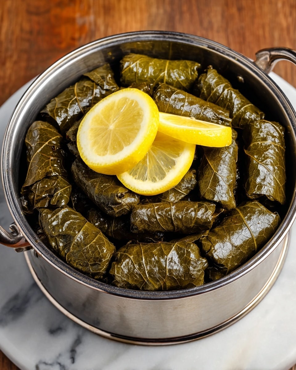 A shiny silver pot filled with neatly packed dark green stuffed grape leaves arranged in several layers, each leaf tightly rolled into small cylindrical shapes. On the top layer, two thin, round yellow lemon slices rest, adding a bright contrast. The pot sits on a wooden surface that has been visually replaced with a white marbled texture, highlighting the pot and its contents clearly. photo taken with an iphone --ar 4:5 --v 7