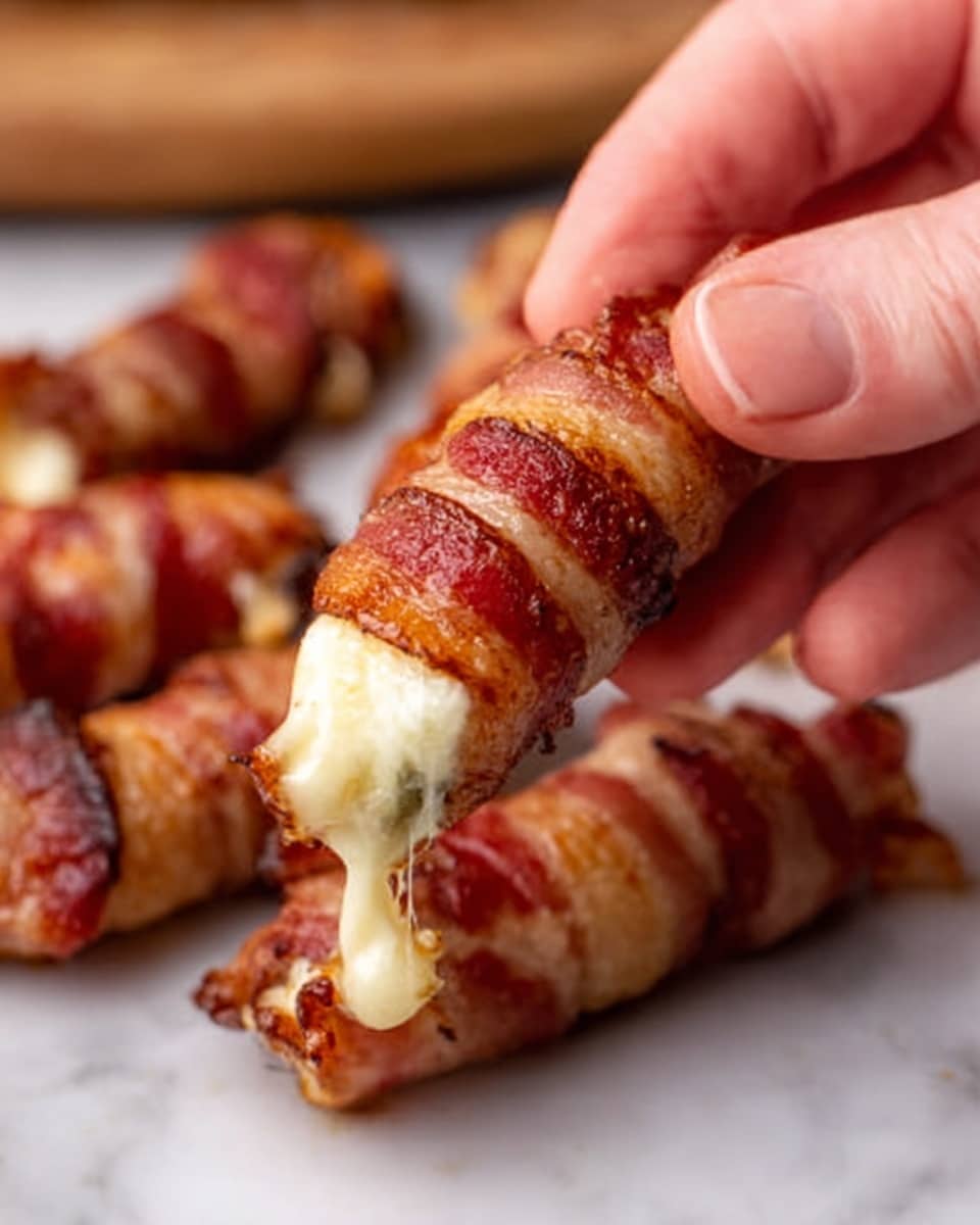 The image shows a close-up of a single bacon-wrapped cheese stick being held by a woman's hand on each side. The bacon is golden brown and crispy with a slight shine, tightly wrapped around a gooey, melted white cheese that is slowly oozing out from one end. In the blurred background, several more bacon-wrapped cheese sticks rest on a white marbled surface, showing their similar crispy texture and rich color. The focus is on the melting cheese and crisp bacon layers, with the warm light highlighting the textures. Photo taken with an iphone --ar 4:5 --v 7