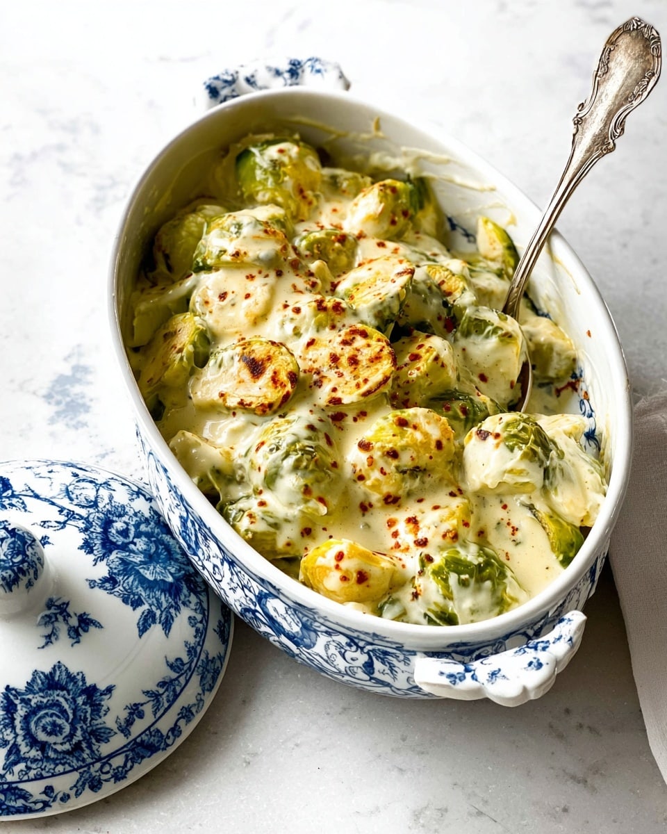 A white oval serving dish with blue detailed patterns holds a creamy Brussels sprouts casserole. The dish contains about three layers of halved Brussels sprouts, all coated in a thick, smooth white cheese sauce with small green herb bits scattered throughout. On top of the casserole, there are golden browned spots from baking and some light red spice sprinkled. A silver ornate spoon is partially inserted on the right side into the dish. The dish is placed on a white marbled surface, with a white and blue patterned lid lying next to it. photo taken with an iphone --ar 4:5 --v 7
