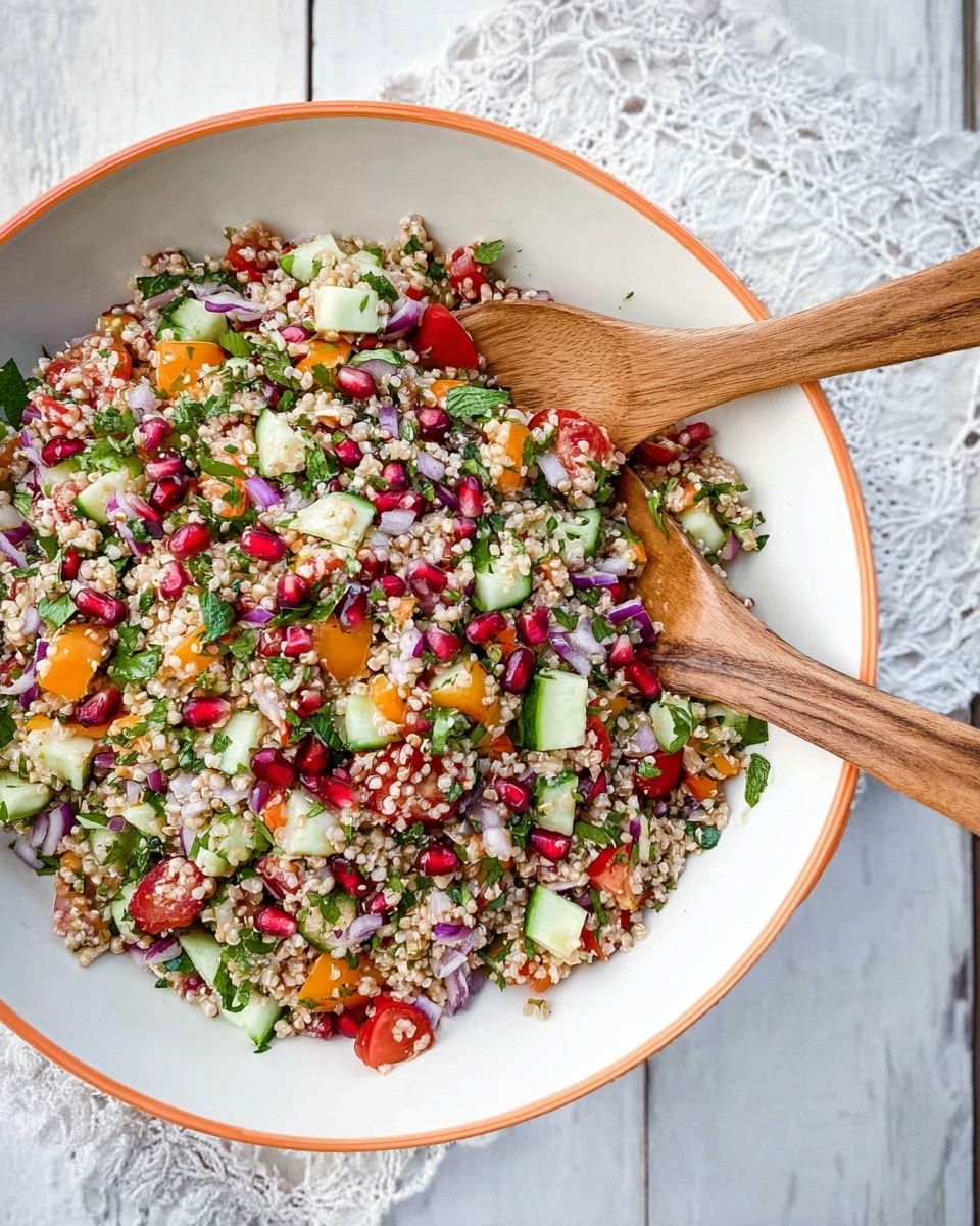 A large white bowl with an orange rim holds a colorful salad mixed with small grains, diced green cucumber pieces, bright red tomato chunks, thin strips of purple onion, fresh green herbs, and scattered red pomegranate seeds. The salad has a loose, chunky texture with each ingredient well spread out. Two wooden salad spoons rest inside the bowl, partially submerged in the salad. The bowl sits on a white marbled textured surface with part of a white lace cloth visible nearby. photo taken with an iphone --ar 4:5 --v 7