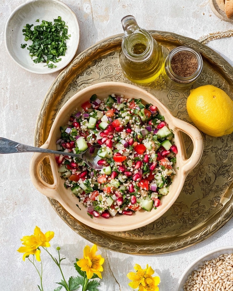 A beige ceramic bowl with two handles sits on an engraved golden tray over a white marbled surface, filled with a colorful salad containing small grains, green cucumber pieces, red pomegranate seeds, chopped tomatoes, parsley, and red onion. A silver spoon rests inside the bowl. Around the bowl, there is a small white plate with chopped green herbs, a clear glass bottle of olive oil, a jar with brown spice and a small golden spoon, and a halved yellow lemon. Two small yellow flowers lay on the tray near the lemon. In the bottom right corner, part of a white bowl with grains is visible. Photo taken with an iphone --ar 4:5 --v 7